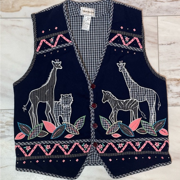 Vintage Napa Valley Safari Animal Vest Size M Embroidered Giraffe Zebra Tiger - Picture 3 of 6